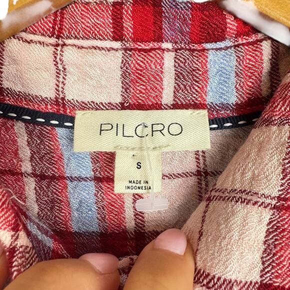 Anthropologie Pilcro Red Blue Pink Plaid Soft Knit Long Sleeve Button Up Shirt - Picture 10 of 11